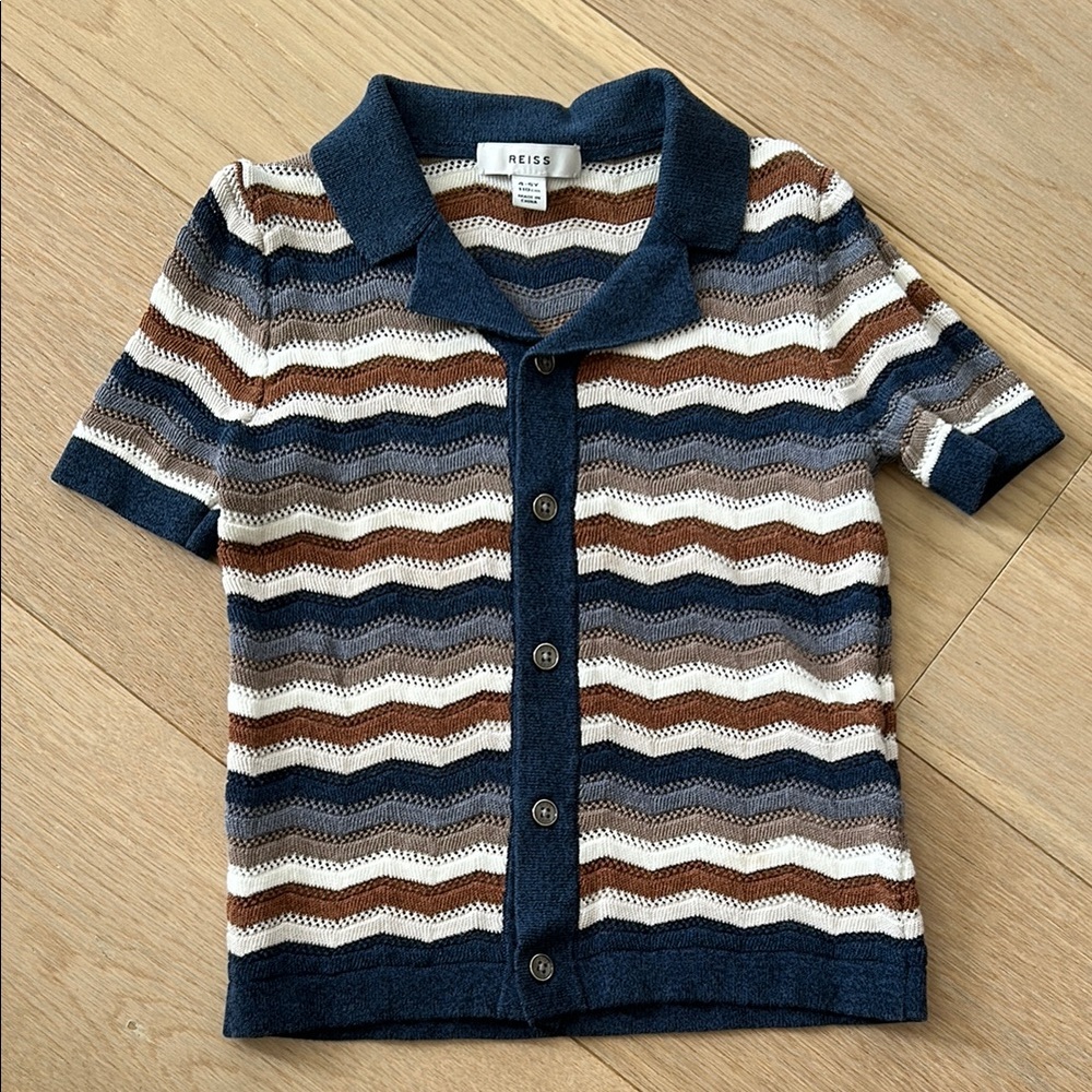 Kids' Striped Knit Cuban Shirt - Blue, Brown, and White